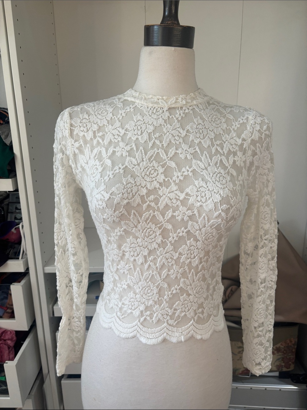 Sheer White Floral Lace Long-Sleeve Top